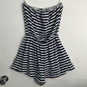 Navy Blue & White Striped Romper w Straight Neck